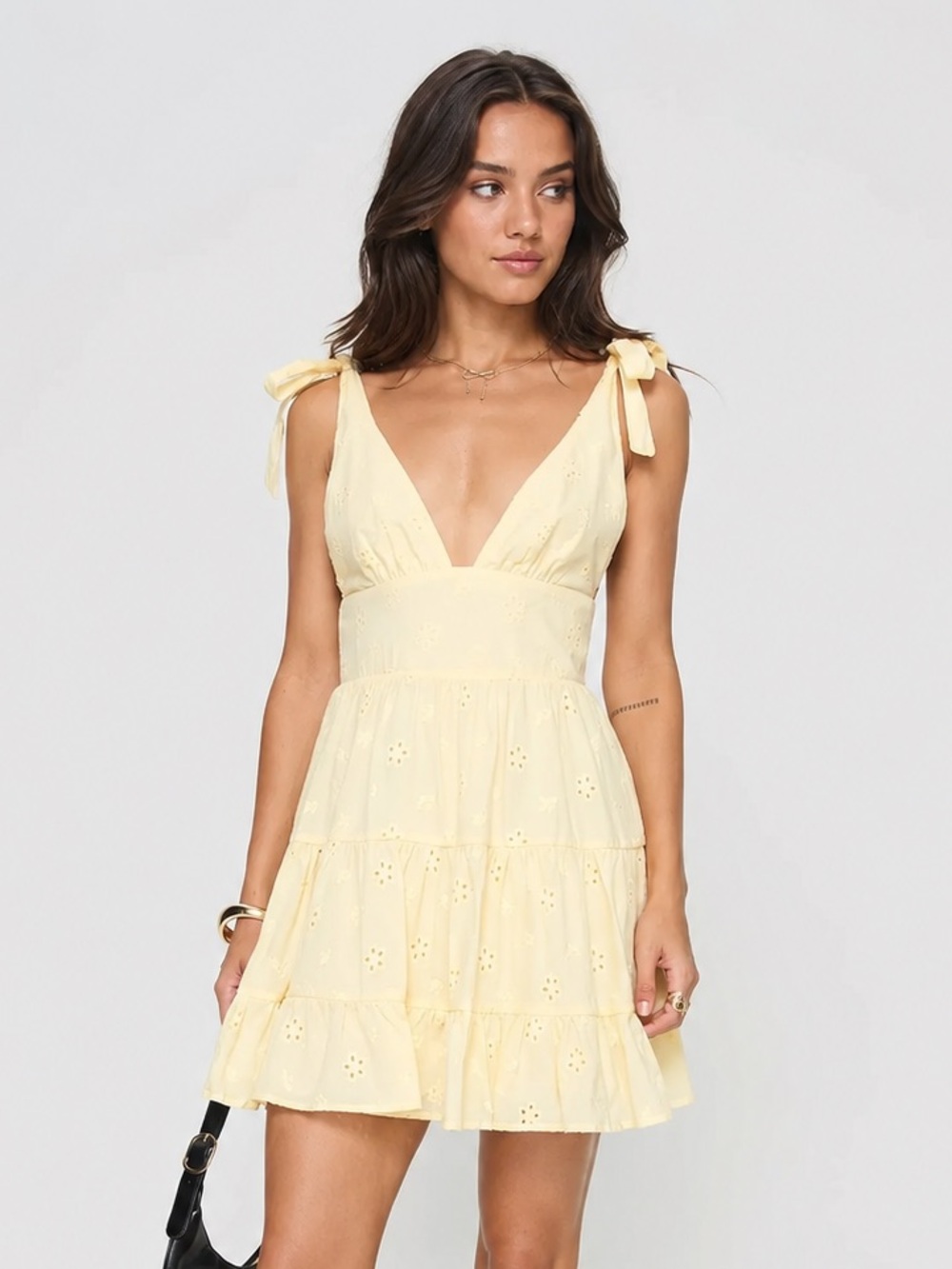 Princess Polly Pale Yellow Tie-Shoulder Eyelet Mini Dress